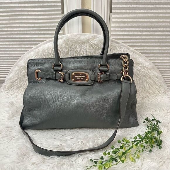 Michael Kors Classic Hamilton Gray Pebbled Leather Shoulder/Hand Satchel Large - Picture 2 of 10